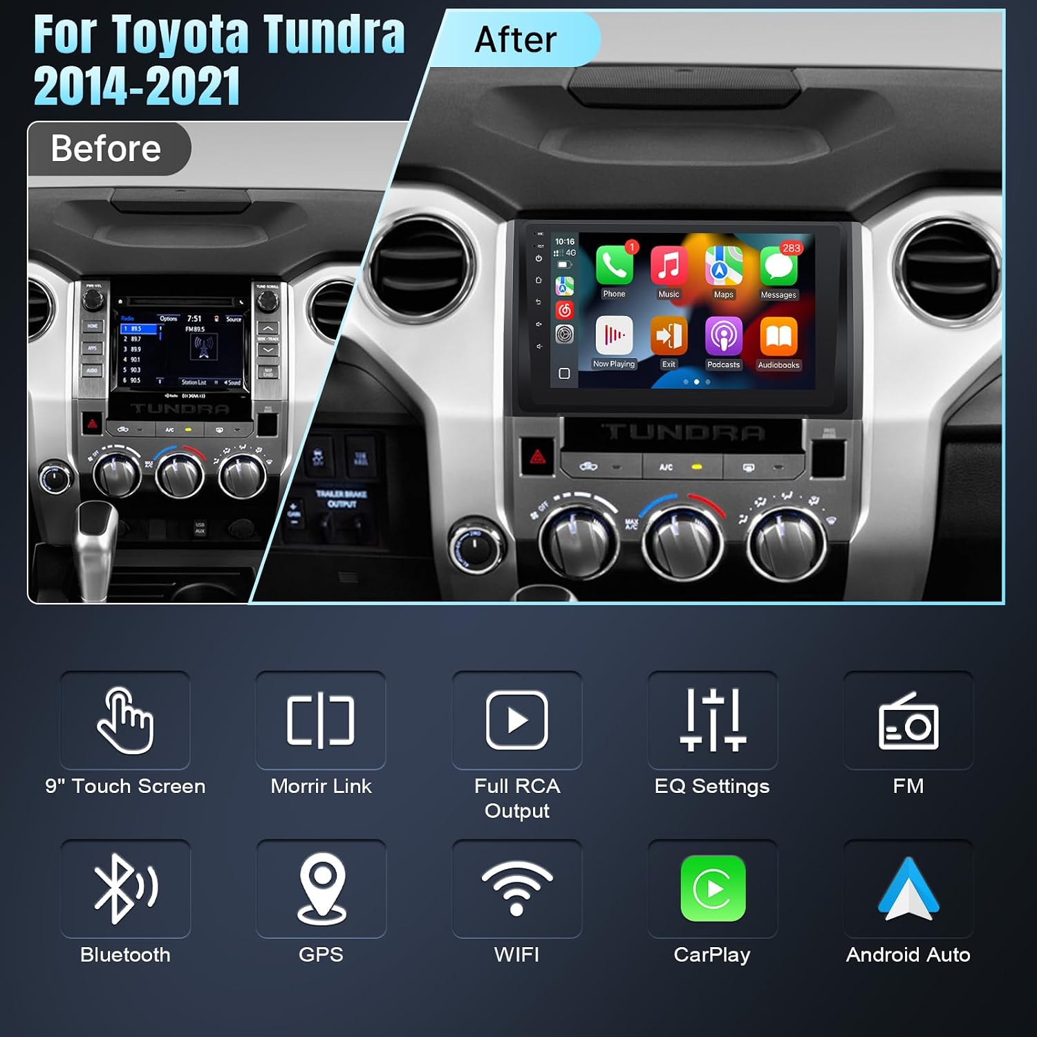 Leadfan Car Radio Before and After Installation in Toyota Tundra