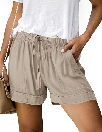 Linen Athletic Shorts for Women Drawstring Elastic Waist Shorts | Summer Pure Color Wide Leg Short Pants with Pockets,Khaki,Large