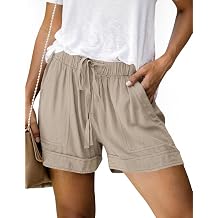 Summer Linen Athletic Shorts for Women Drawstring Elastic Waist Shorts Pure Color Wide Leg Short Pants with PocketsKhaki,Large