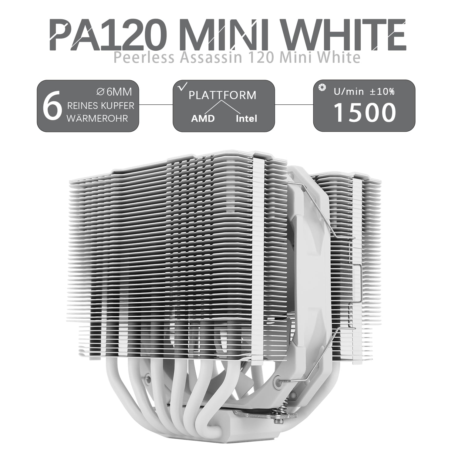 TR-Thermalright Peerless Assassin 120 MINI White Dissipatore per CPU, Doppia torre, 6 Heat pipe, Ventole PWM 120mm 25,6 dBA, Top bianco, per AM5/AM4, Intel LGA1851/1700/115X/1200/2011