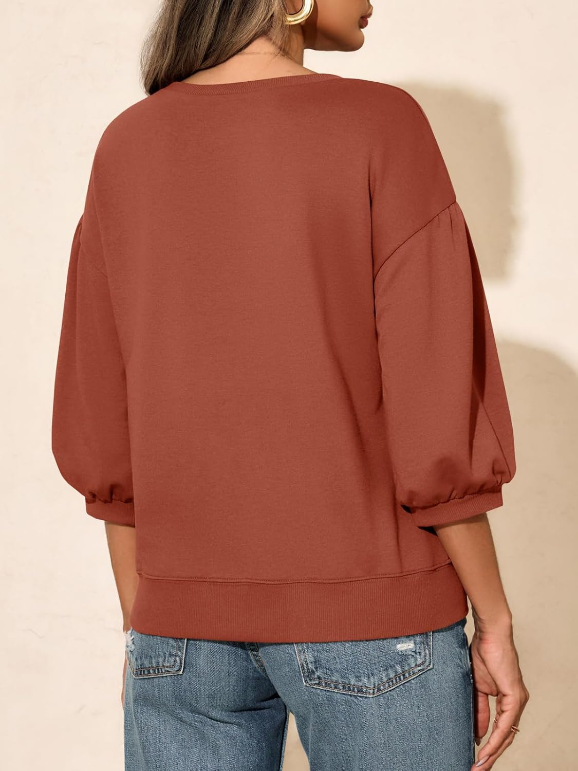 Fisoew Womens Crewneck Sweatshirts Casual Puff Sleeve Loose Fit Shirts Fall Tops Brown - Image 3