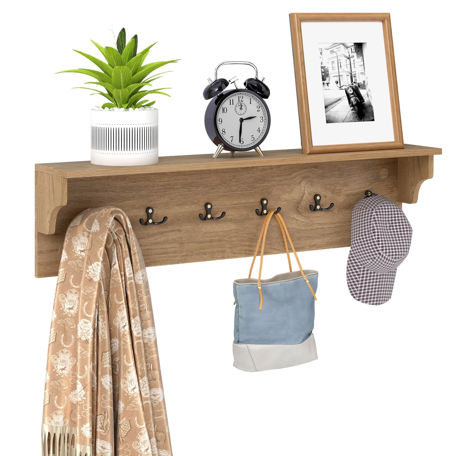 COSTWAY Wall-Mounted Coat Rack with Shelf, 80cm Wooden Wall Shelf Clothes Hanger with 6 Hooks, Floating Wall Coat Hooks Hallway Storage Unit Display Organiser for Entryway Bedroom Bathroom (Natural)