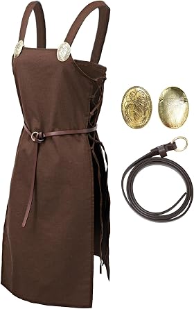 PROCOS Medieval Pirate Strappy Apron Women Vintage Linen Overdress Cross Back Apron Costume with Brooches and Belt