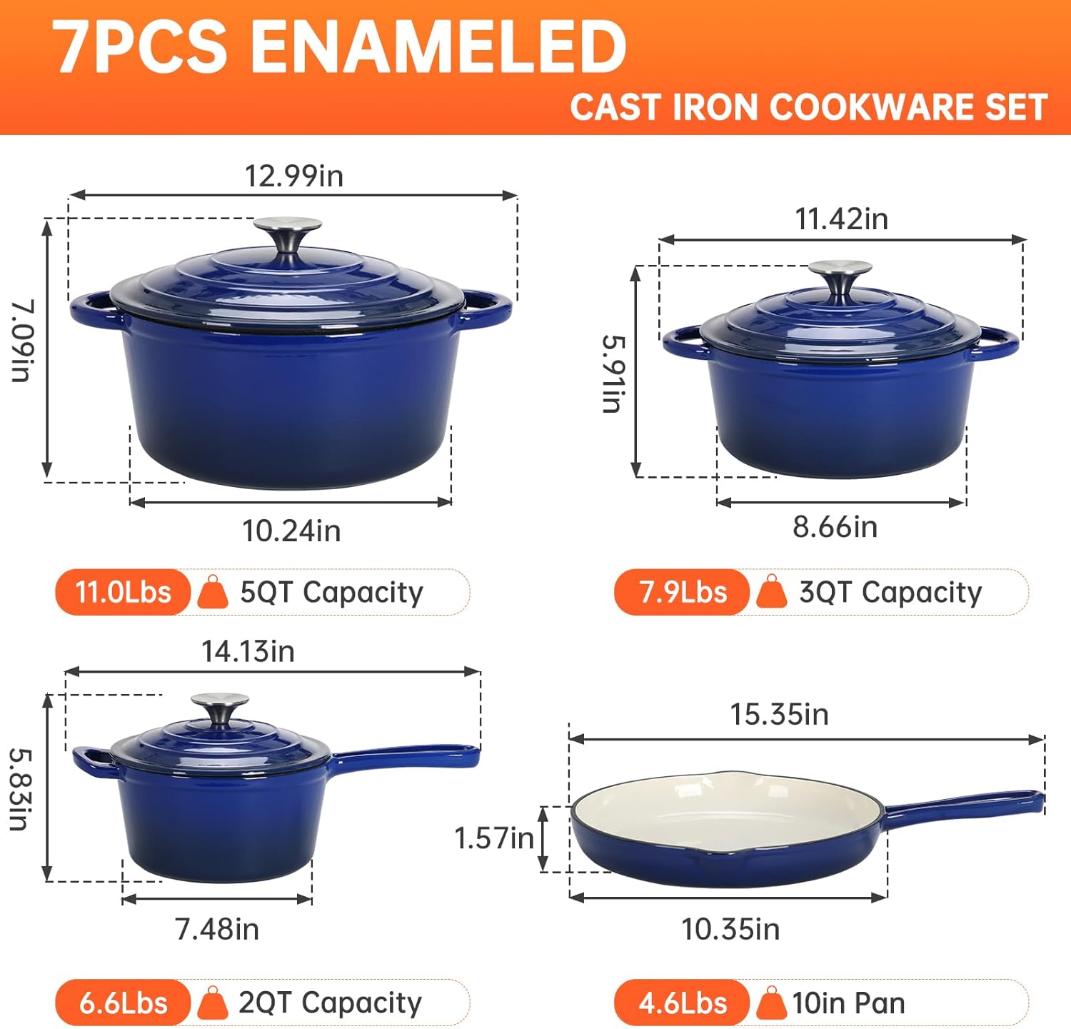 LIFERUN Nonstick Enameled Cast Iron Cookware Set, 7Pcs Pots and Pans Set, Gas/Induction Dutch Oven Set, PFOA & PFAS Free
