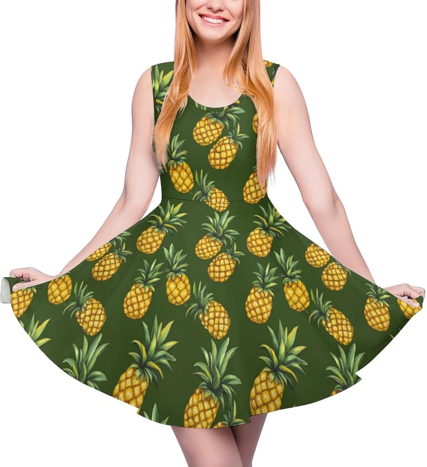 Pineapple Women's Dresses Round Neck Dress Sleeveless Tank Dress Ruffle Hem Sundress