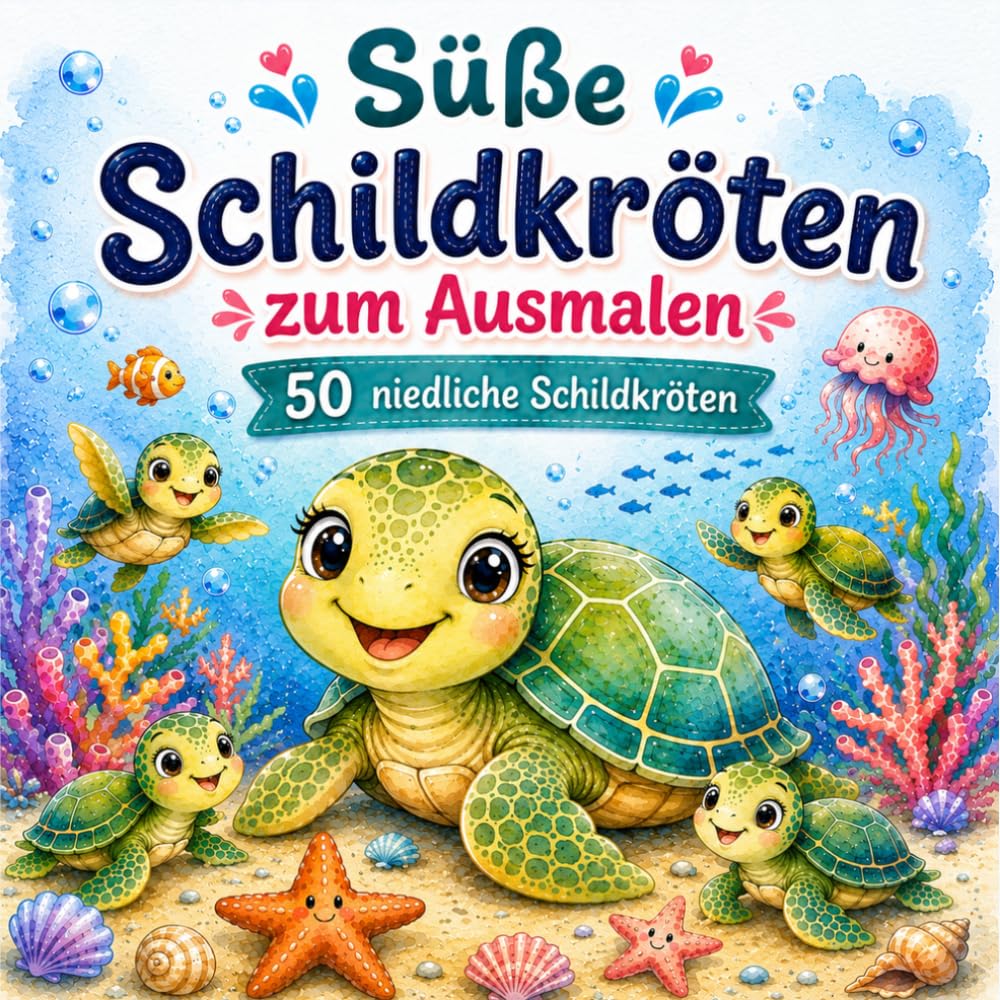 Süße Schildkröten zum Ausmalen: Malbuch für Kinder ab 3 Jahren mit 50 niedlichen Schildkröten, einfachen Ausmalbildern und lustigen Unterwasser Motiven