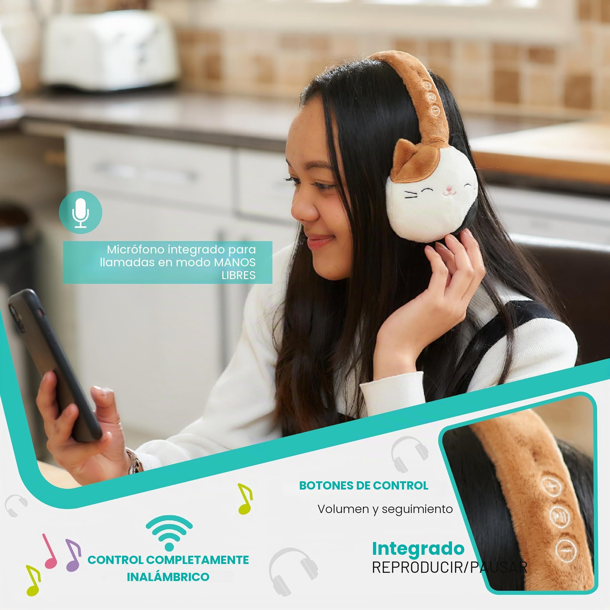 Squishmallows CAM The Cat - Auriculares Bluetooth de Felpa con micrófono Integrado para Hacer y Recibir Llamadas. Rango Bluetooth de 10 Metros, Control de Volumen, Almohadillas de Felpa Suave con