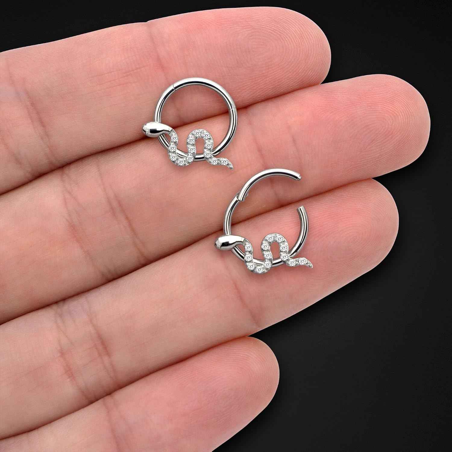 Titanium Clicker Ring with Snake Figure and Zirconia, Daith Nose Piercing Clicker Septum Hoop Jewelry