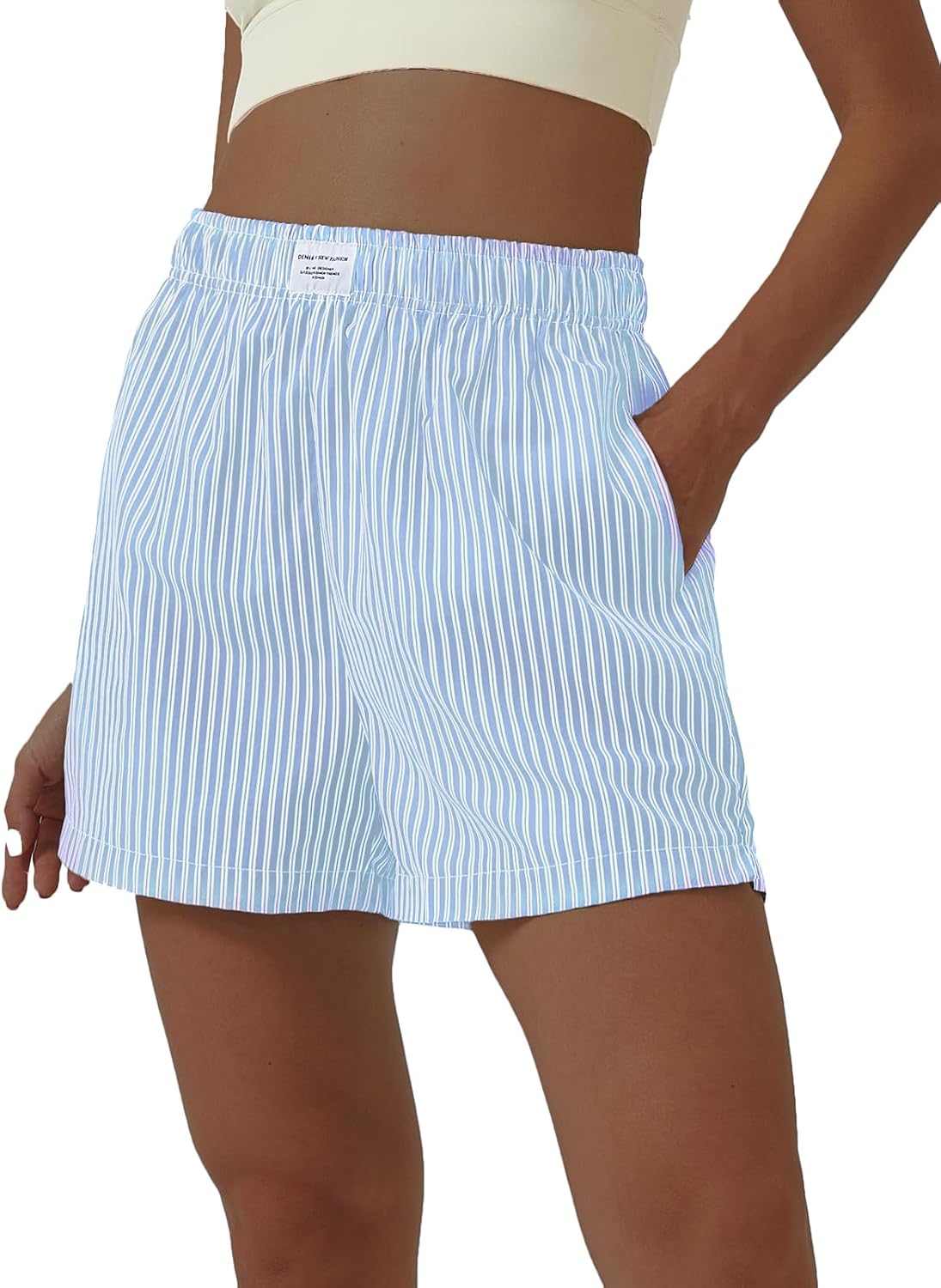 Women's Striped Elastic High Waisted Summer Casual Straight Leg Shorts with Pocket