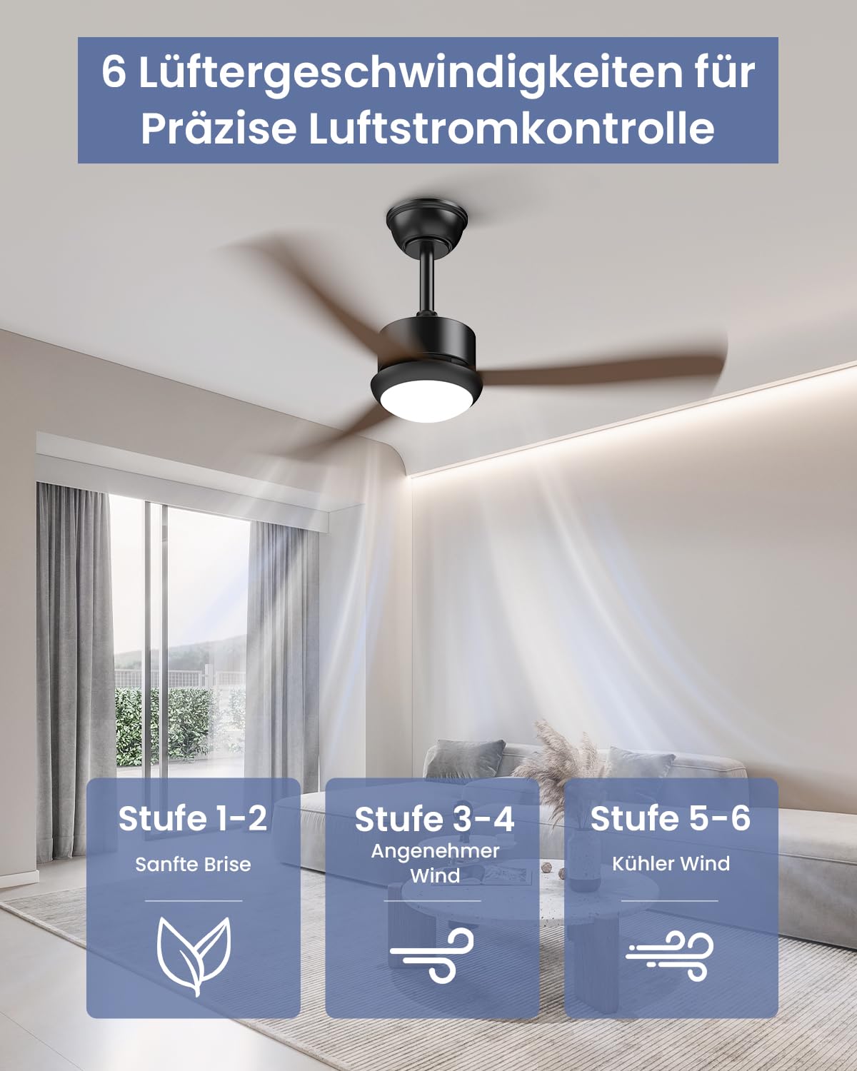 Airwit Deckenventilator mit Beleuchtung 106cm, Holzoptik Flügel, Leise, LED Dimmbar, DC Motor Umkehrbar, 6 Geschwindigkeiten