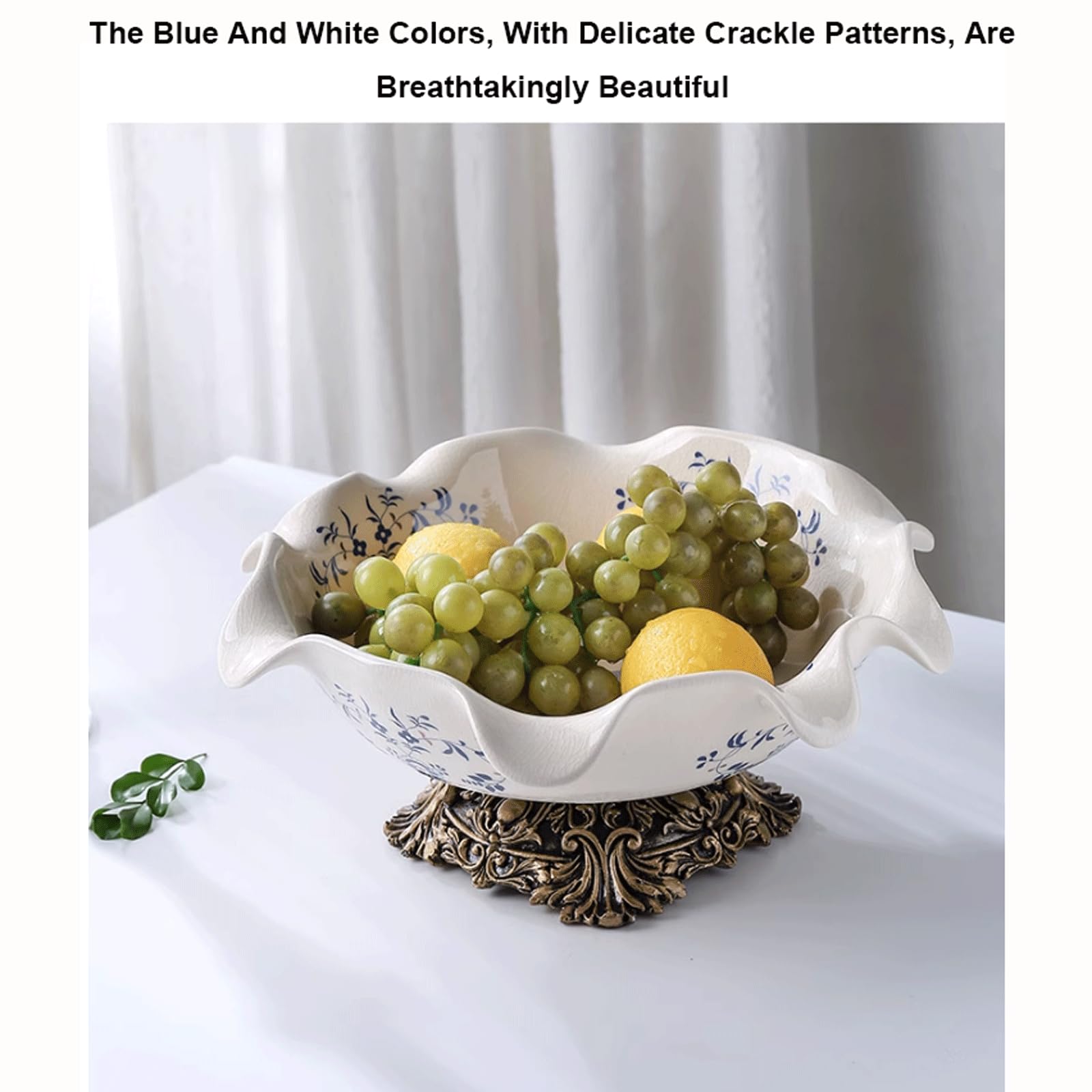 Ciotola da Frutta in Porcellana Blu e Bianca con piedistallo, Piatto da Portata in Ceramica, Ciotola Decorativa con piedistallo, Decorazione in Stile Chinoiserie per Il Piano del s