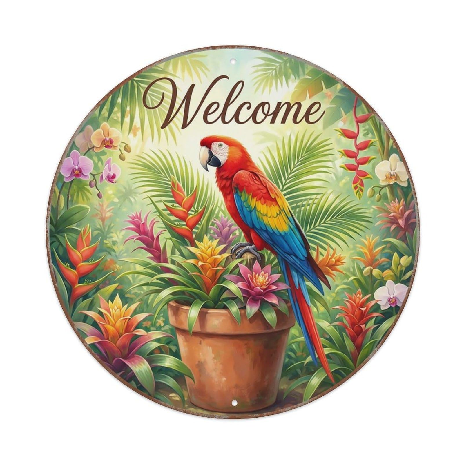 Welcome Parrot Tropical Flowers Metal Tin Sign