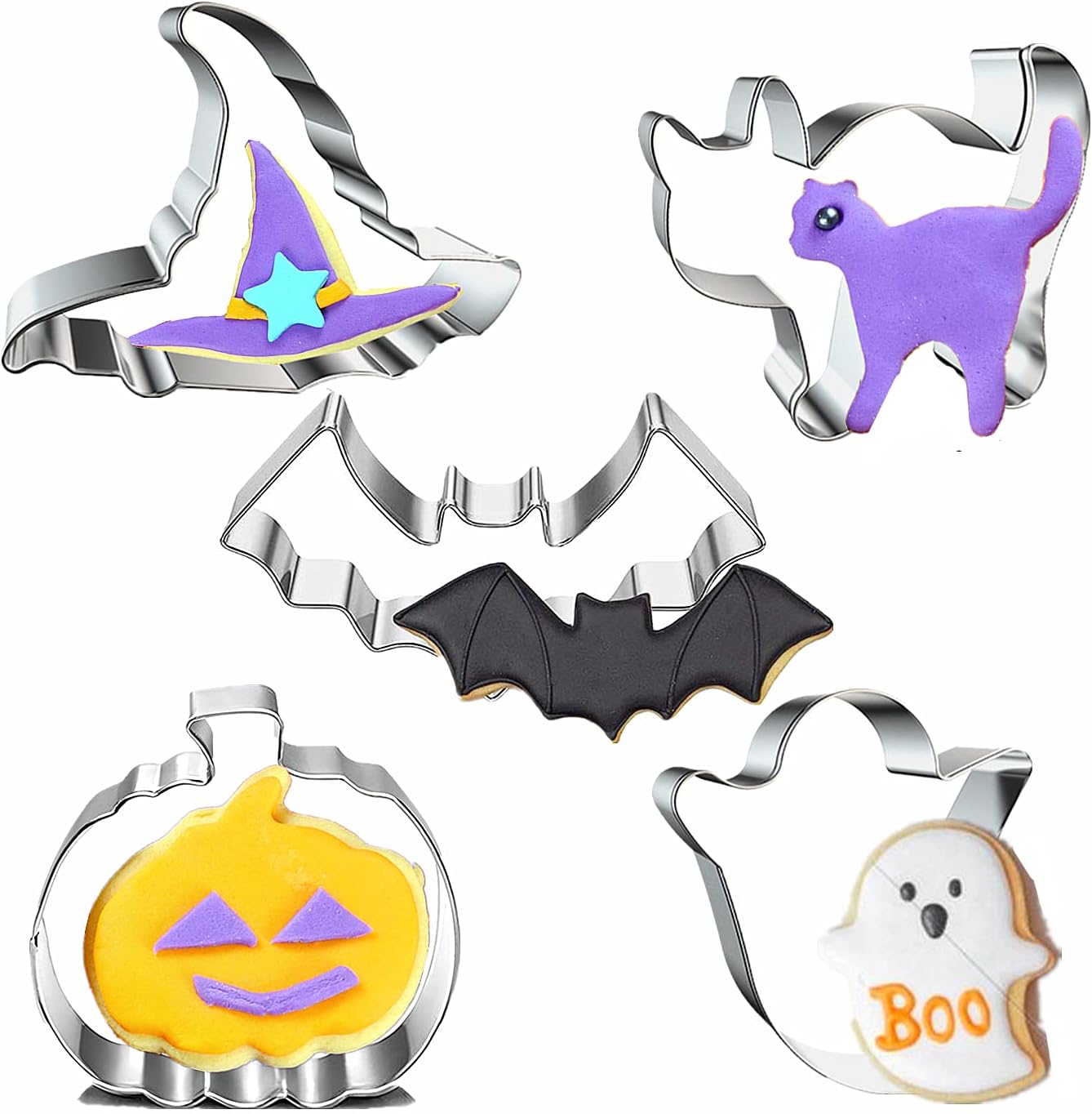 Halloween Cookie Cutters Set- 5 Pieces Stainless Steel Baking Cutter Molds Pumpkin, Ghost, Witch's Hat, Bat, Cat Cookie Cutters Holiday Decorative Party Supplies