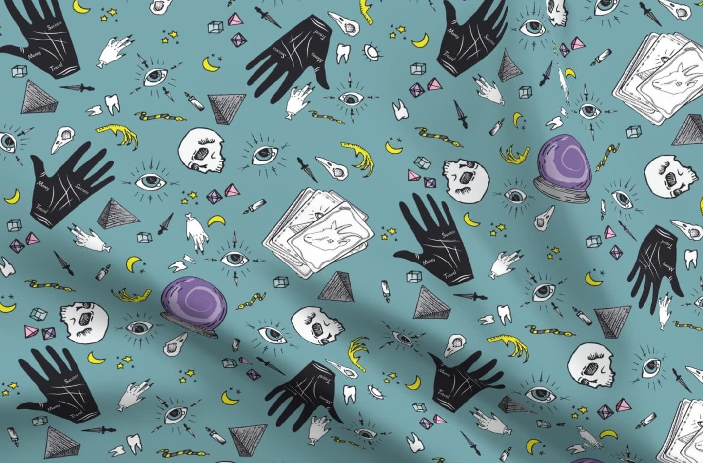 Spoonflower Fabric - Spells Blue Fun Scary Spooky Witch Halloween Kids Witchcraft Printed on Organic Cotton Sateen Fabric by The Yard - Sewing Quilting Apparel Home Decor