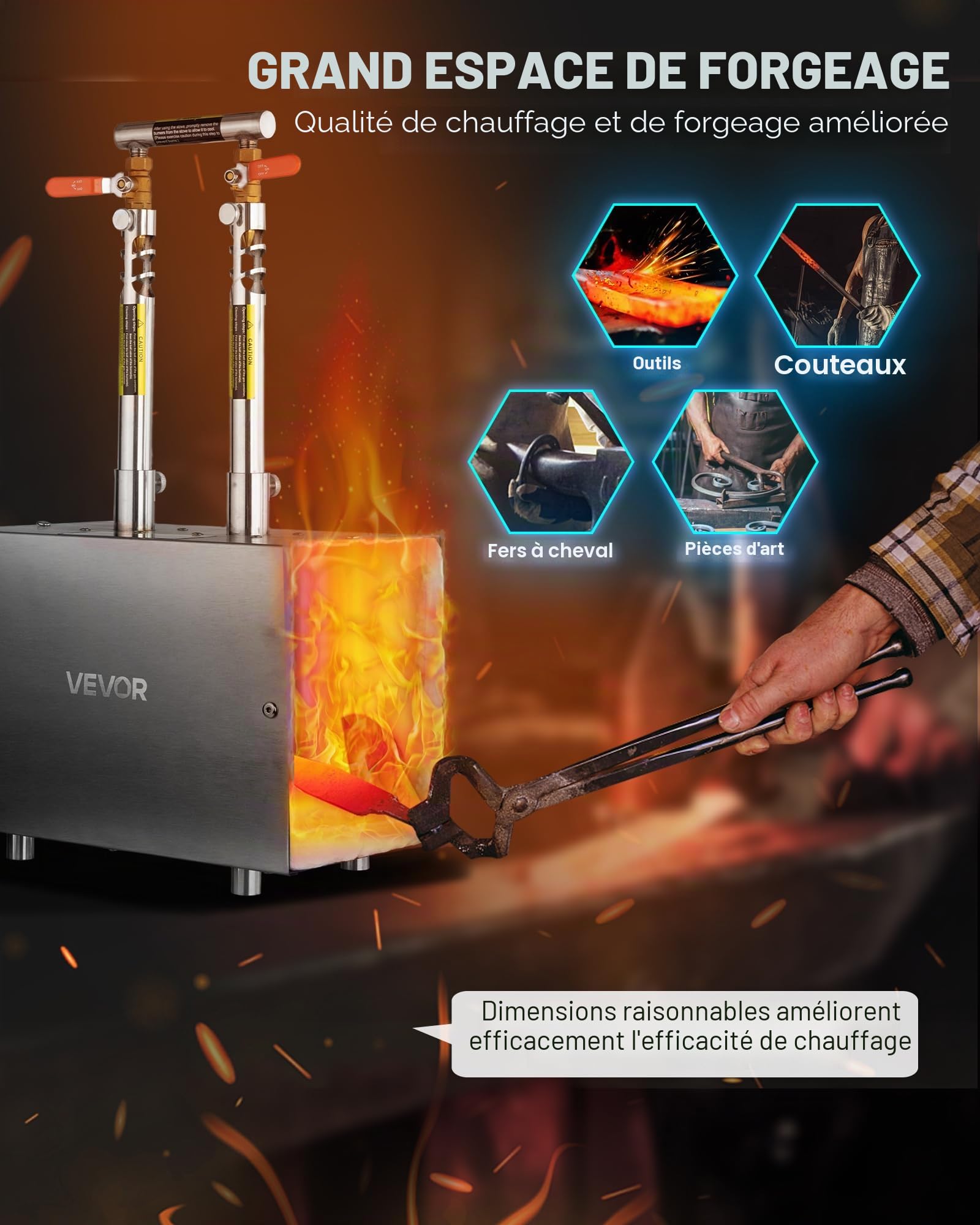 VEVOR Forge au Propane Portable, Four de Forge à Gaz avec 2 Brûleurs, 1427 °C, Forme Carrée, en Acier Inoxydable, pour Coutellerie, Bijouterie, Maréchalerie, Atelier, Travail du Métal, Usage Extérieur