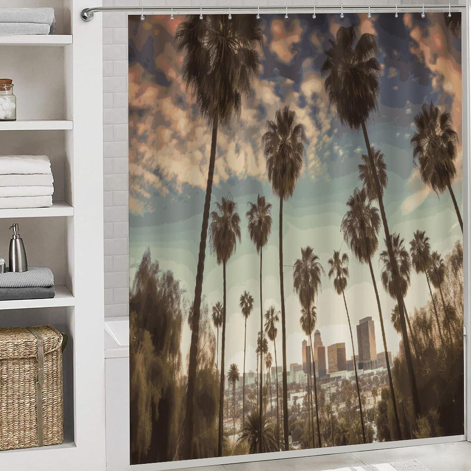 Los Angeles Palm Trees Bath Rug Set 4 Piece,Bathroom Accessories Set-Toilet Rugs U Shaped,Toilet Lid Cover,Shower Curtain and Rugs,Ultra Soft, Absorbent,Home Decor