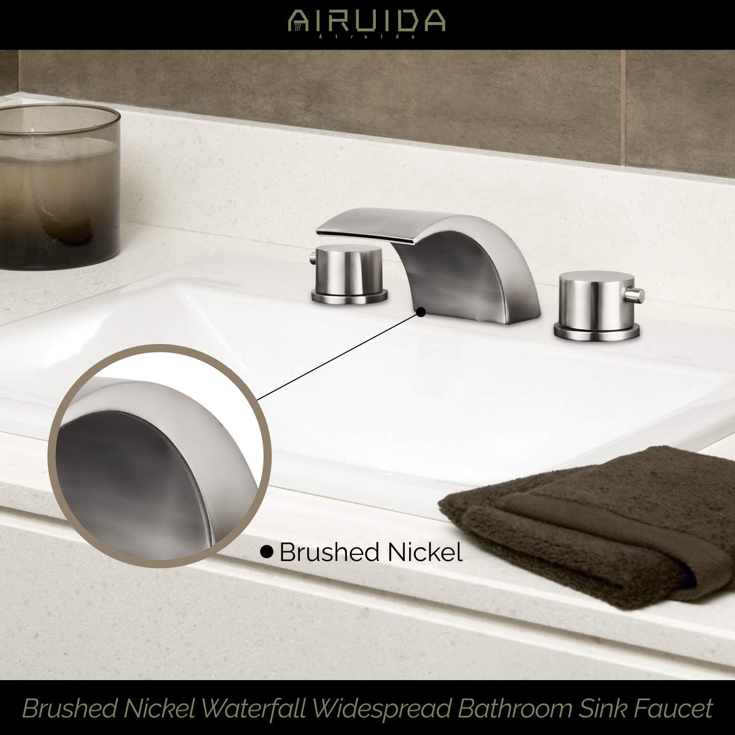Frее Shірріng 🛒 Airuida Brushed Nickel Waterfall Widespread Bathroom Sink Faucet Deck Mounted Faucet With Pop Up Drain 8-16 Inch double Handles 3 Holes Commercial Faucet