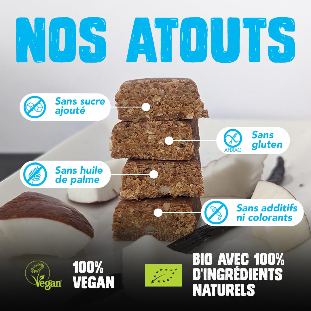 Gourmiz barres de fruits protéinées - 12 x 40gr - (20% de protéines), barre protéinée énergétique bio, dattes, noix de coco, & vanille, snacks vegan, proteine & sans gluten, protein bar