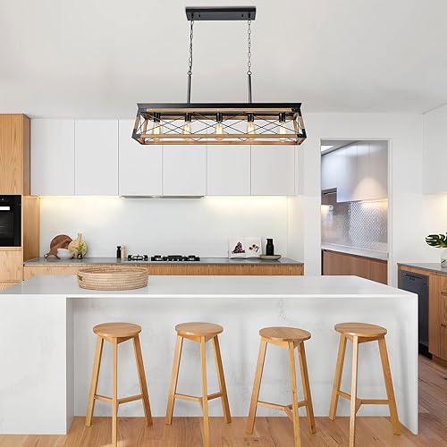 Miniatura 7 de Airposta Lámpara de araña de madera rústica de granja, 5 luces de metal rectangular para comedor, iluminación de isla de cocina, jaula lineal