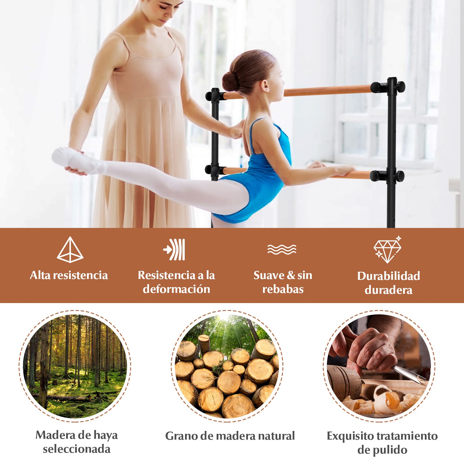 COSTWAY 120 cm Barra de Ballet Portátil, Barra Doble Independiente, Altura Ajustable 56/76/96/116 cm, Baile, Entrenamiento, Barra de Fitness, Gimnasio Casa, Adultos y Niños