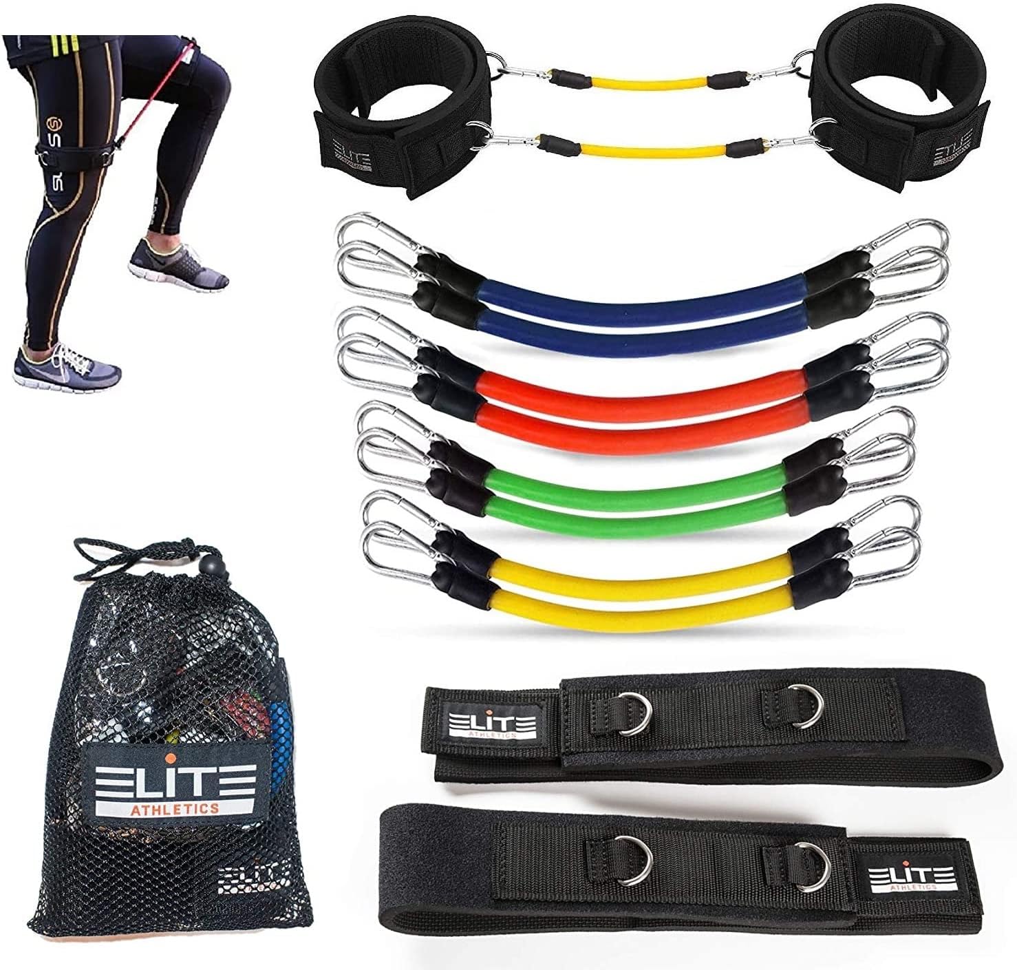 Perry Ellis Elite Supplies 11 Pieces Speed Agility Strength Leg Resistance Bands - for All Sports & Exercise Fitness Fast Sprinting, Explosive, Agile, Strength, Endurance - Yellow
