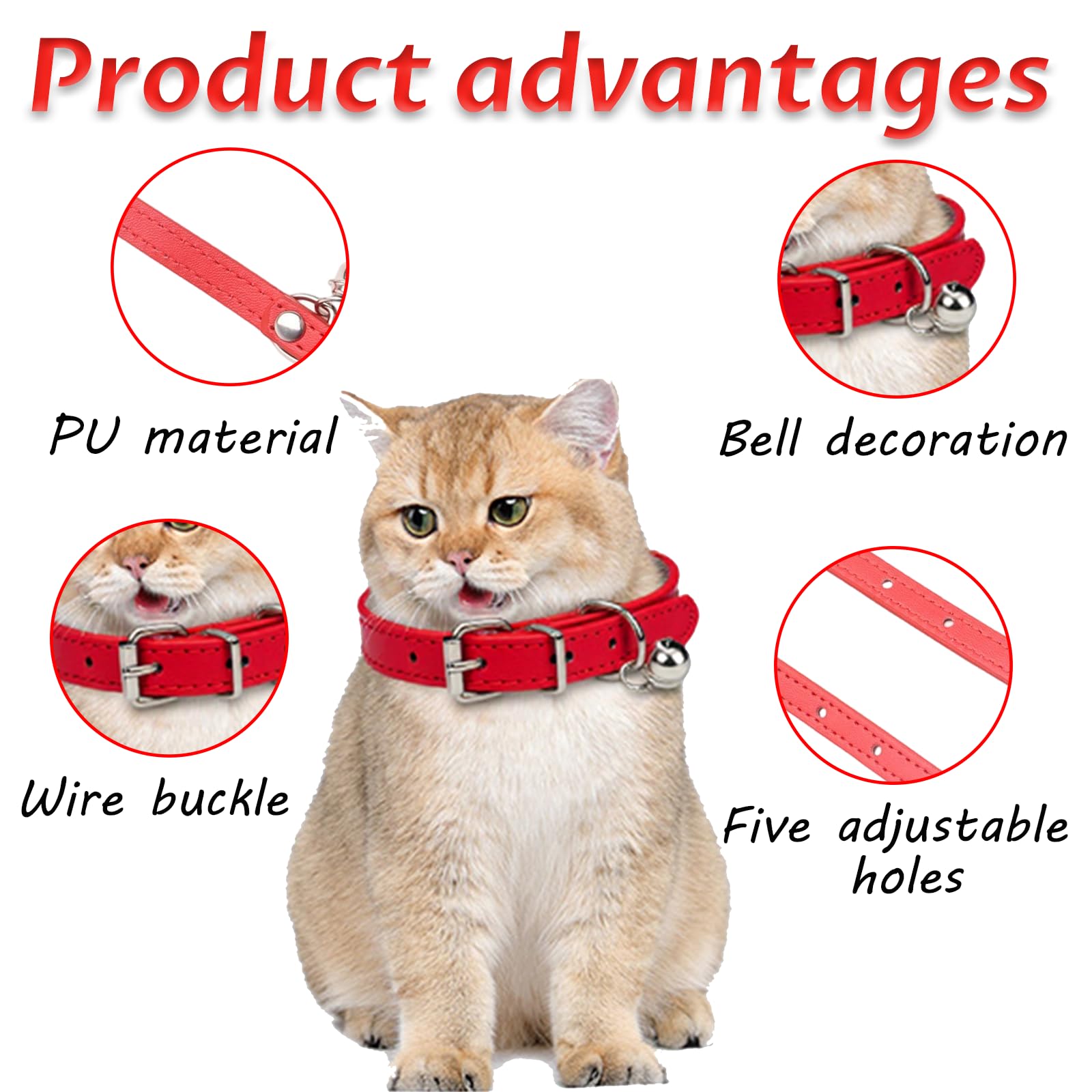 2 Red Leather Cat Collars, Safety Quick Release Buckle, Kitten Collars with Bell, Adjustable Small Pet Collars for Male and Female Cats - Image 3