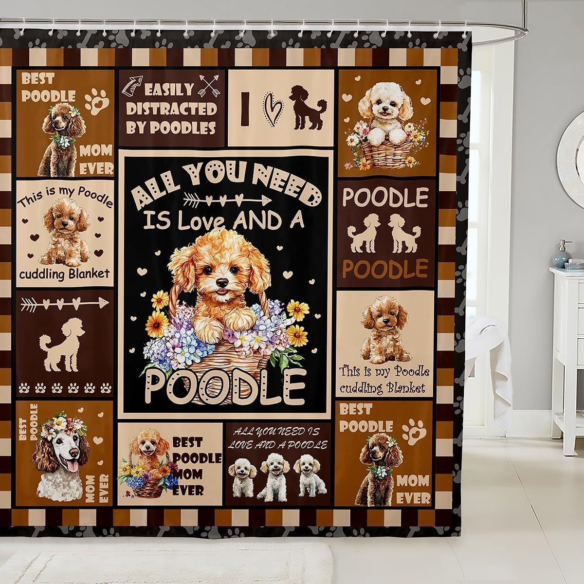 jejeloiu Poodle Dog Bath Curtain for Bathroom Stalls Bathtubs Kids Boys Girls Bathroom Accessories Waterproof Polyester Curtains with 12 Hooks 72"x72" Cute Pet Animal Shower Curtain Dog Lover Decor