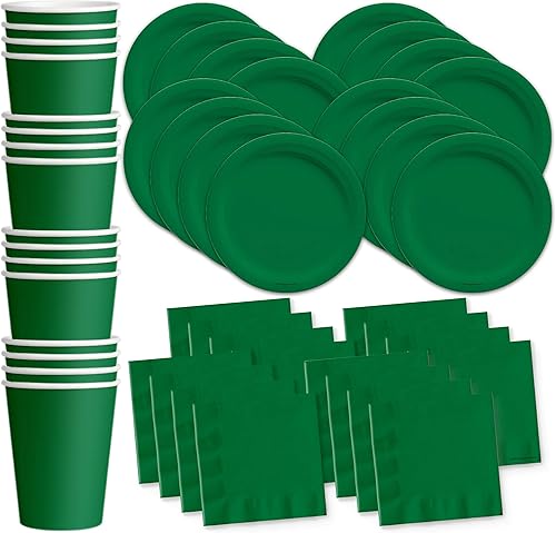 Juego de suministros de fiesta de cumpleaños verde oscuro sólido, platos, servilletas, tazas, kit de vajilla para 16