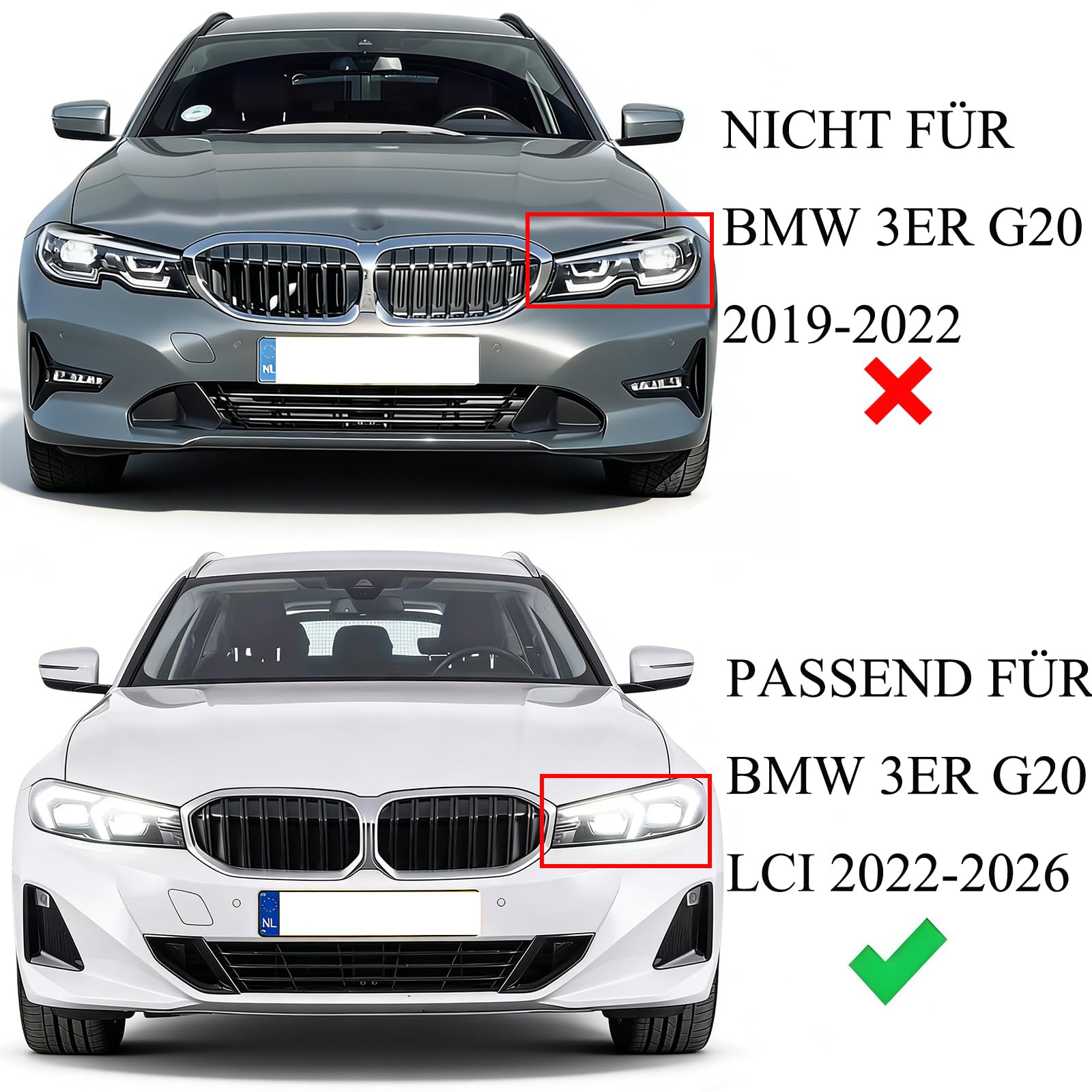 Sport Kühlergrill Nieren kompatibel mit BMW 3er G20 G21 Bj. 2022-2025 LCI Doppelsteg Glanz Schwarz Grill