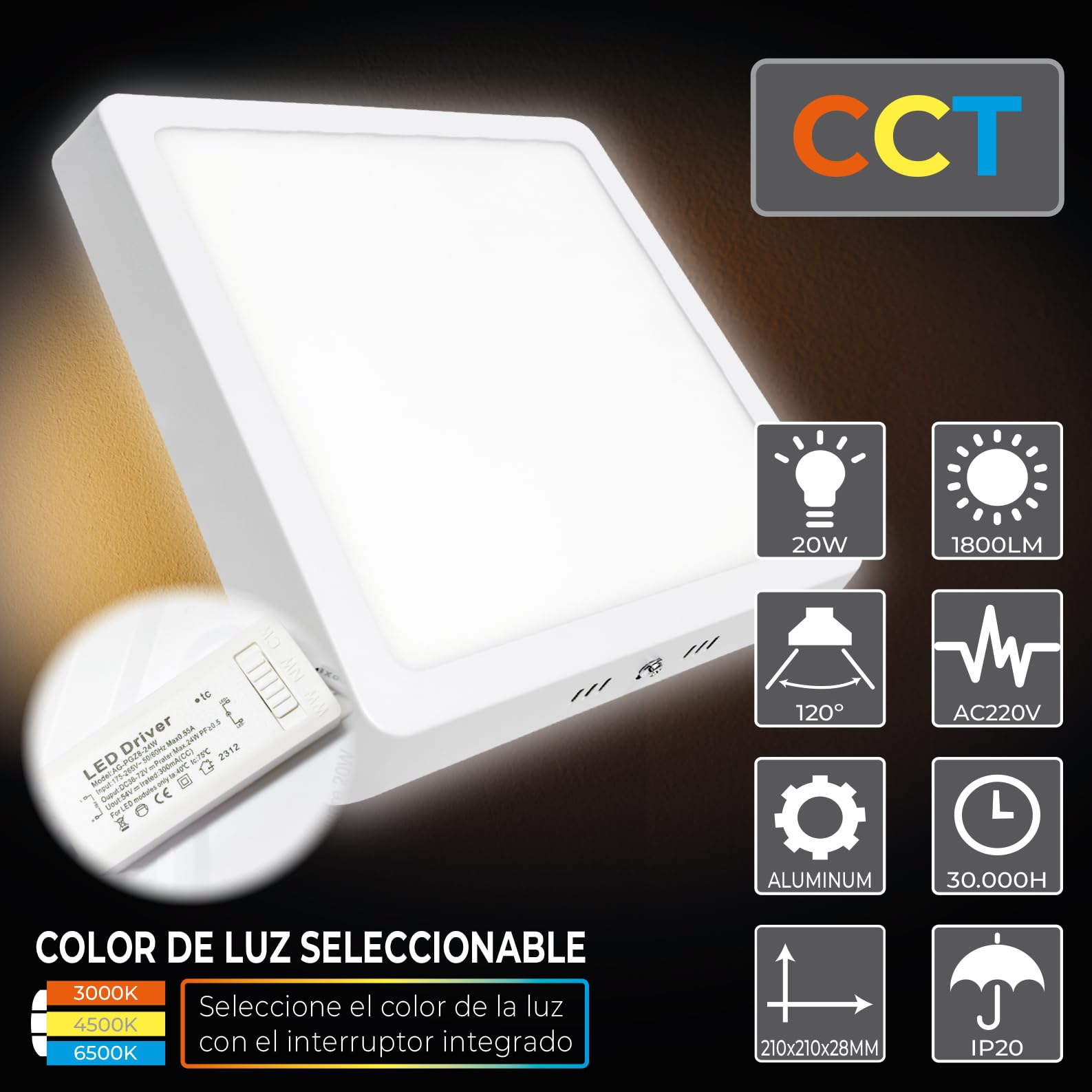 LED ATOMANT 10x Plafon LED Cuadrado Superficie 210x210mm 20W CCT 3000-6500K | Con Selector de color CCT, 1800 Lumenes, Driver incluido