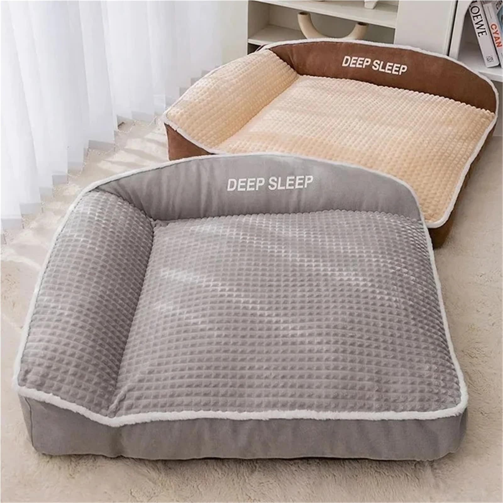 Sofá Cama de Invierno for Mascotas con Manta, Ropa de Cama Estilo Cesta cálida for Perros y Gatos pequeños, medianos y Grandes(Khaki,L)