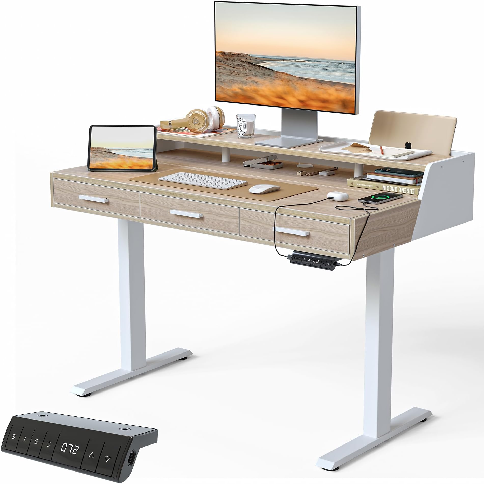 Electric Standing Desk 48x26 Inches with 3 Wood Drawers and Monitor Shelf, Height Adjustable Computer Desk, Ergonomic Rising Home Office Desks, Sit Stand Up Workstation Table, Light Walnut