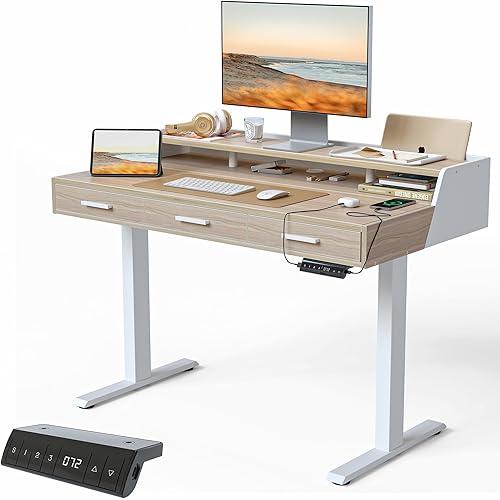 FEZIBO Electric Standing Desk 48x26 Inches with 3 Wood Drawers and Monitor Shelf, Height Adjustable Computer Desk, Ergonomic Rising Home Office Desks, Sit Stand Up Workstation Table, Light Walnut