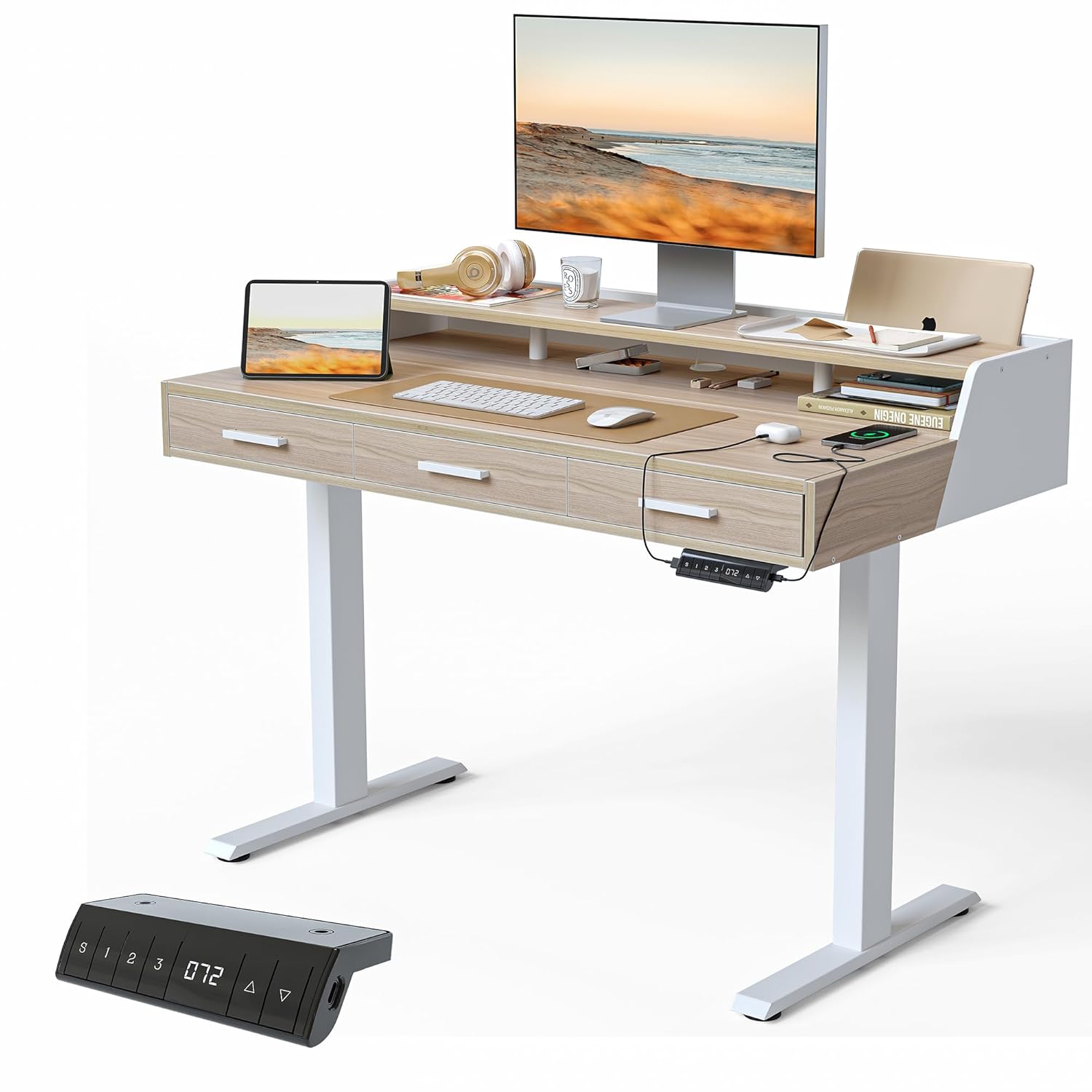 FEZIBO 48x26 Inches Standing Desk with 3 Wooden Drawers and Monitor Shelf Height Adjustable Computer Desk Ergonomic Rising
