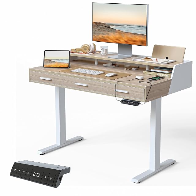 FEZIBO 48x26 Inches Standing Desk with 3 Wooden Drawers and Monitor Shelf Height Adjustable Computer Desk Ergonomic Rising