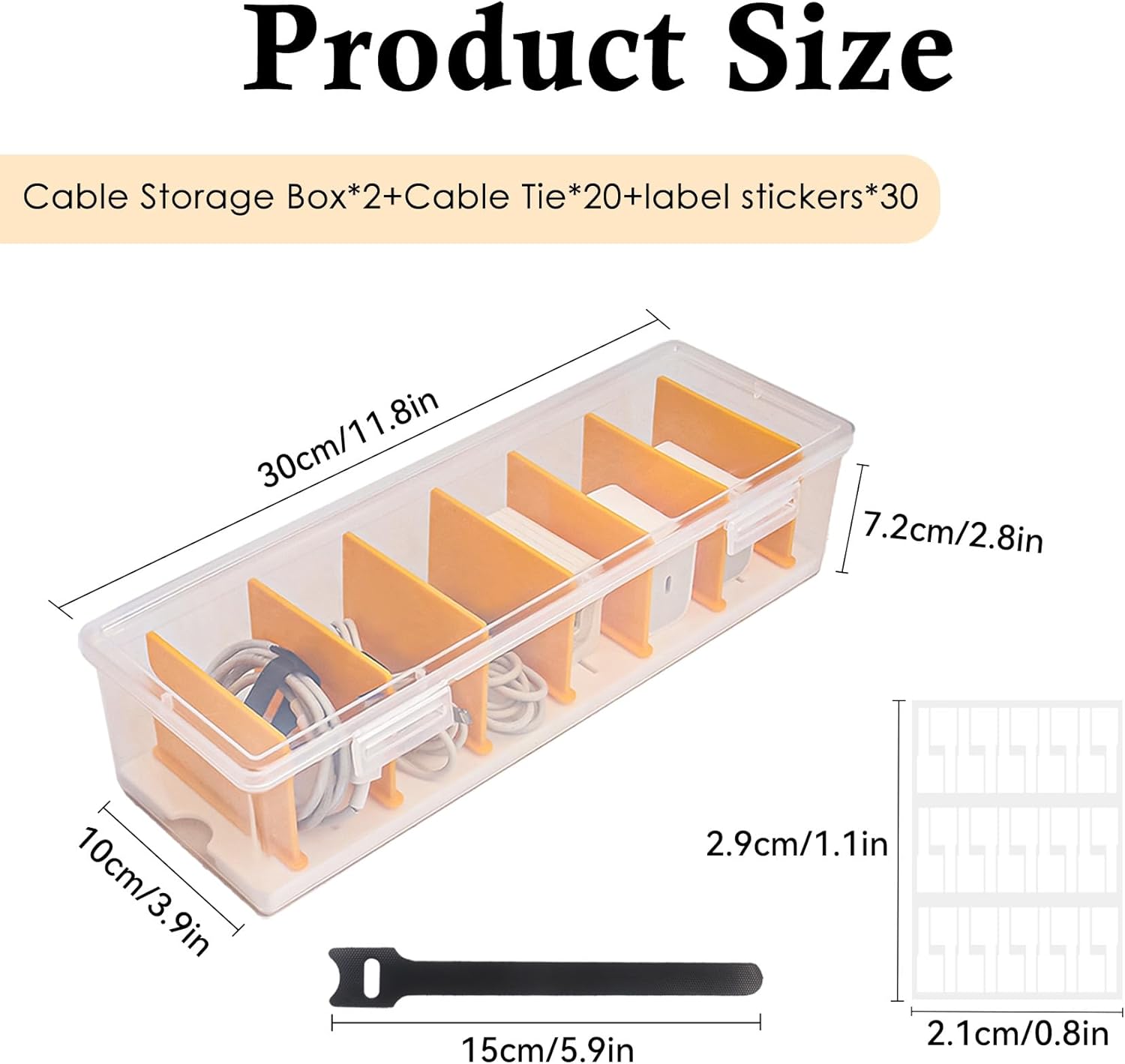 Klmnop 2 Pack Cable Organizer Box with 20 Wire Ties 30 Cable Labels, Clear Plastic Cord Storage Box with Lid, Phone Charger Organizer for Home Office Desk Drawer(Clear)