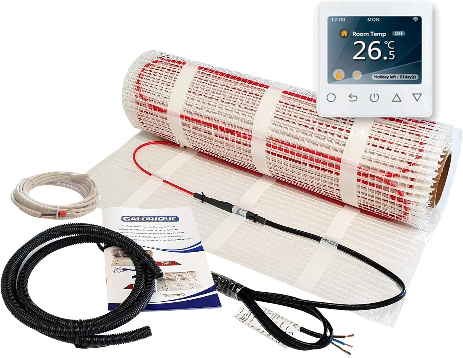 Elektrische Heizkabel-Matte Calorique – mit WLAN-Thermostat – 15,0 m² – Dünnbett – Sparsame Elektrische Fußbodenheizung 150 W/m² – TWIN-Technologie – [Energieeffizienzklasse A+++]