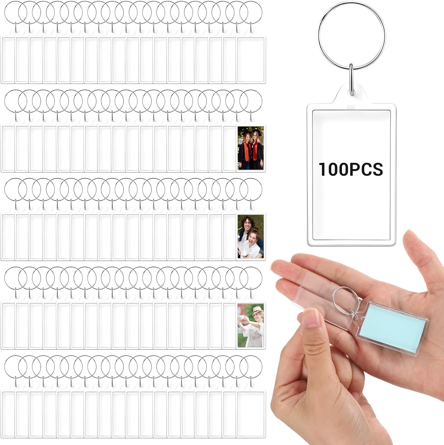 100pcs Acrylic Photo Keychain Bulk, Clear Photo Keyrings for 1.1"x1.8" Pics, Shatterproof Picture Keychains with Split Rings, Transparent Frame for DIY Custom Keychain