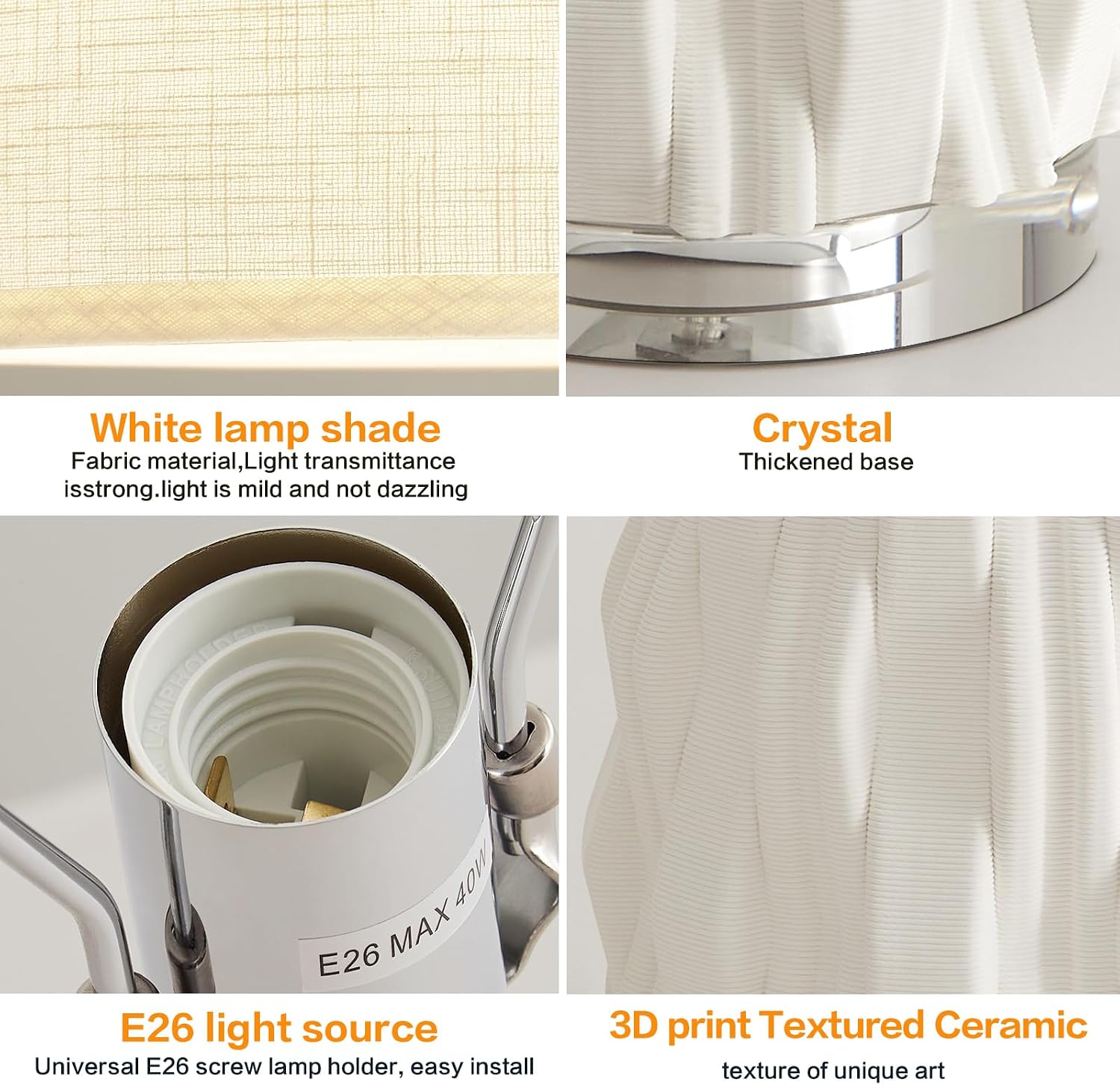 Modern White Textured Ceramic Table Lamps 22.5In, Plug in Table Lamp Decor for Office Living Room Bedroom Bedside Nightstand