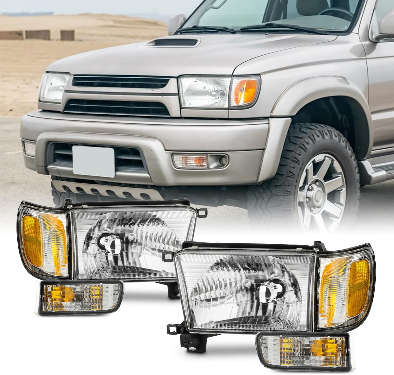 AKKON - Fit 1999 2000 2001 2002 Toyota 4Runner 99-02 Headlights w/Corner Lights & Bumper Signal Lights Chrome Housing Driver - Passenger Replacement