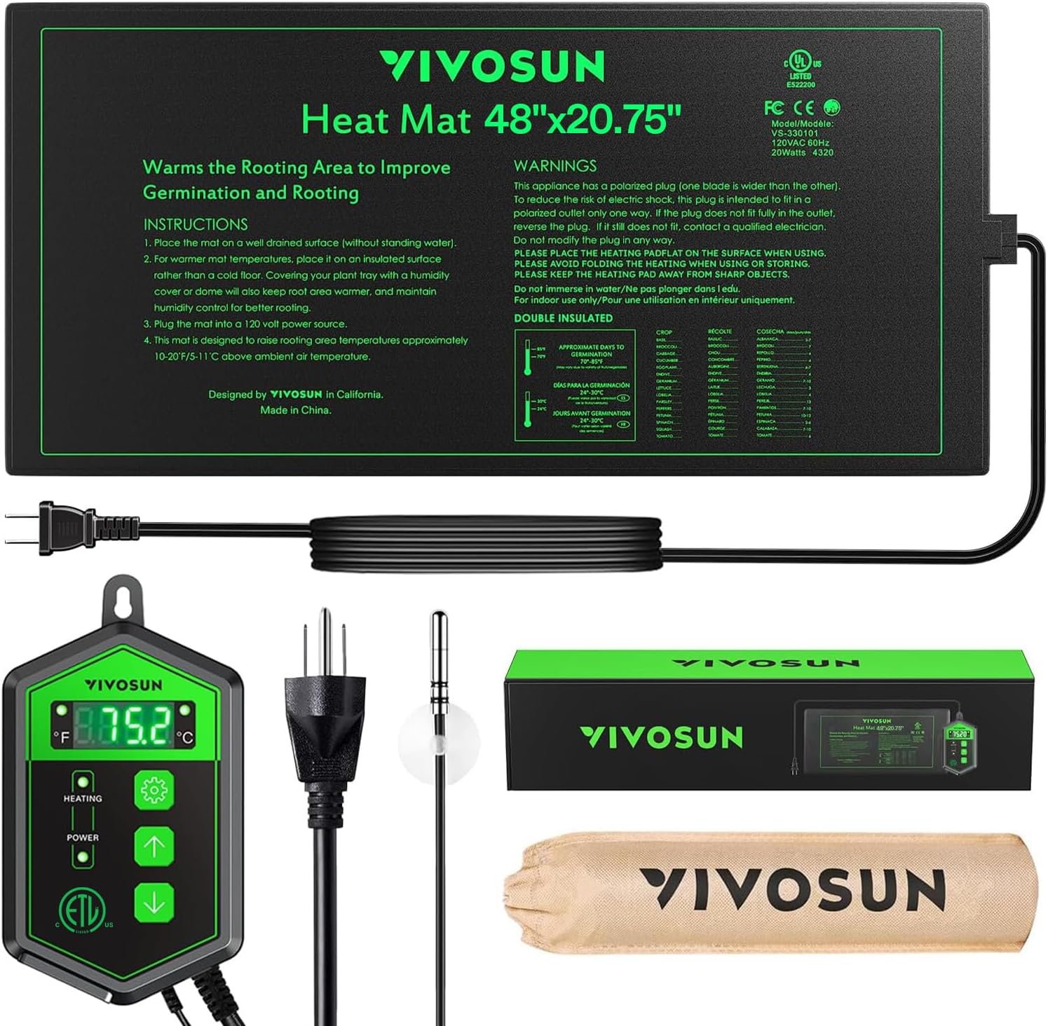 VIVOSUN 48" x 20.75" Seedling Heat Mat and Digital Thermostat Combo Set, UL & MET-Certified Warm Hydroponic Heating Pad for Germination, Indoor Gardening, Greenhouse