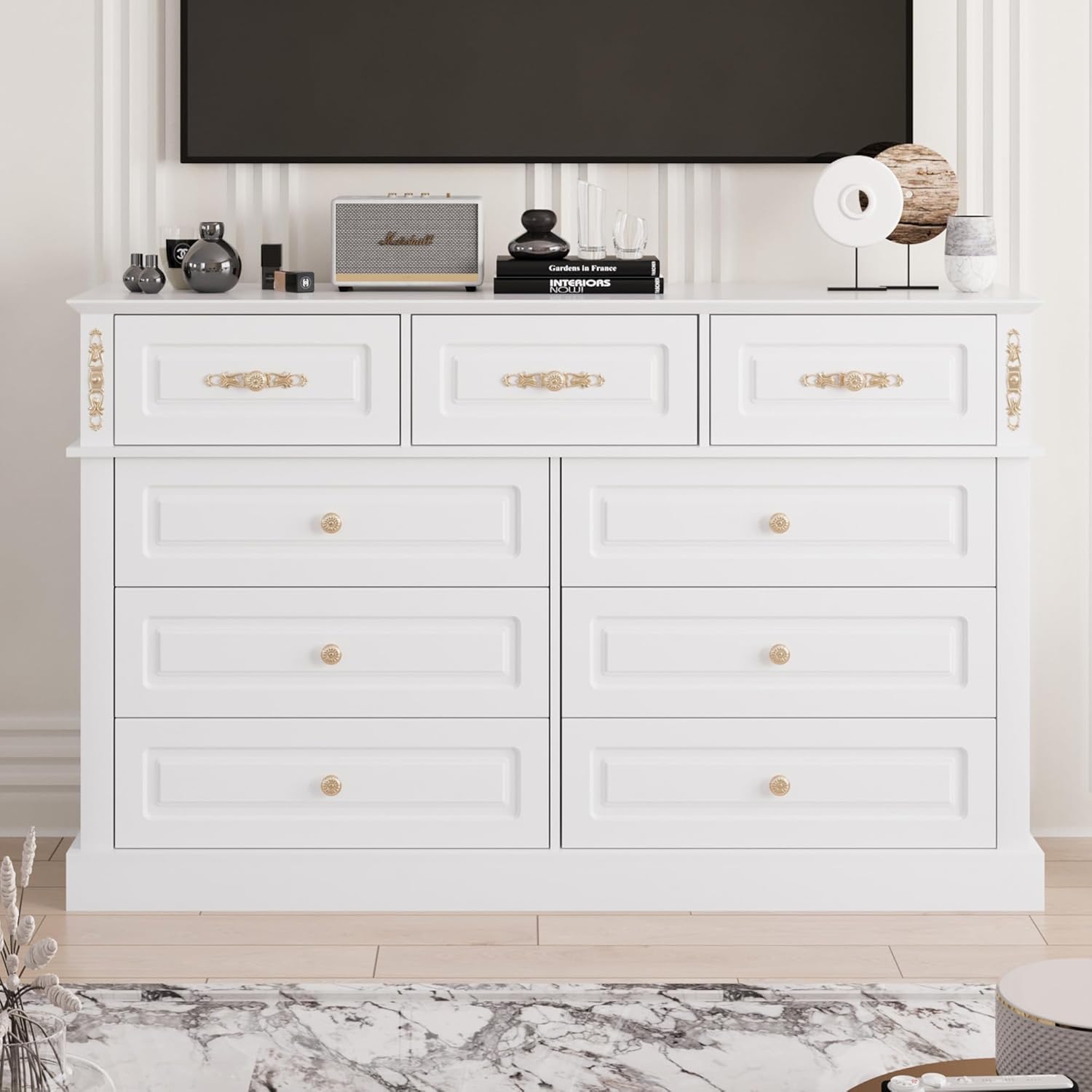 63Wx39H Large Dresser White,9 Drawers Dresser for Bedroom,Retro Chest of Drawers with Gold Knobs, Wooden Storage Dressers, Bedroom Storage Organizer for Closet, Living Room, Hallway
