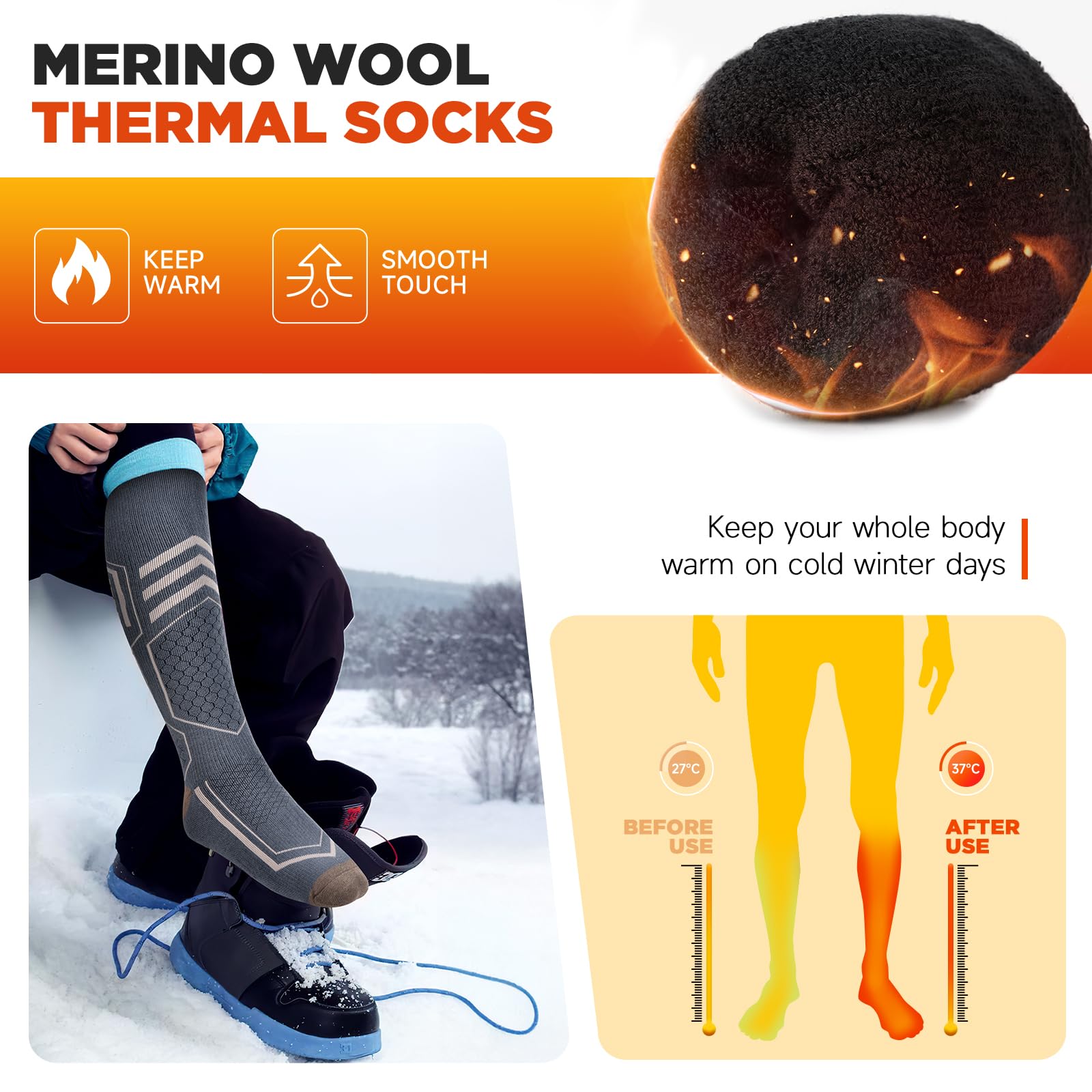 TANSTC Calzini da Sci in Lana Merino Termici Uomo Donna Calze Antifreddo Spessi Invernali Lunghe 43-46 39-42 47-50 35-38 Calze Sportive Caldi Traspiranti Asciugatura Rapida Antiodore 2 Paia