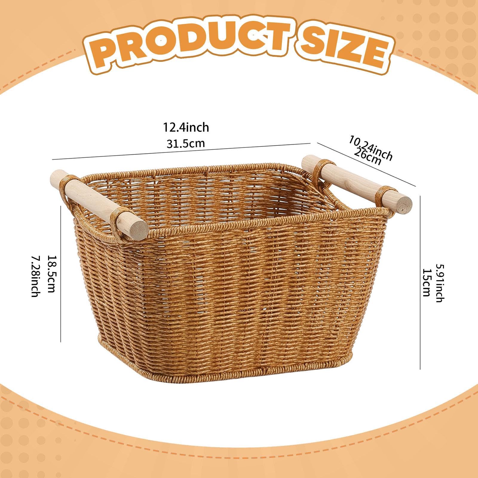 Cesta de Almacenamiento con Diseño Vintage Tejida a Mano Organizador Multiusos con Asas Bandeja de Imitación Ratán Fuerte y Madera Apta para