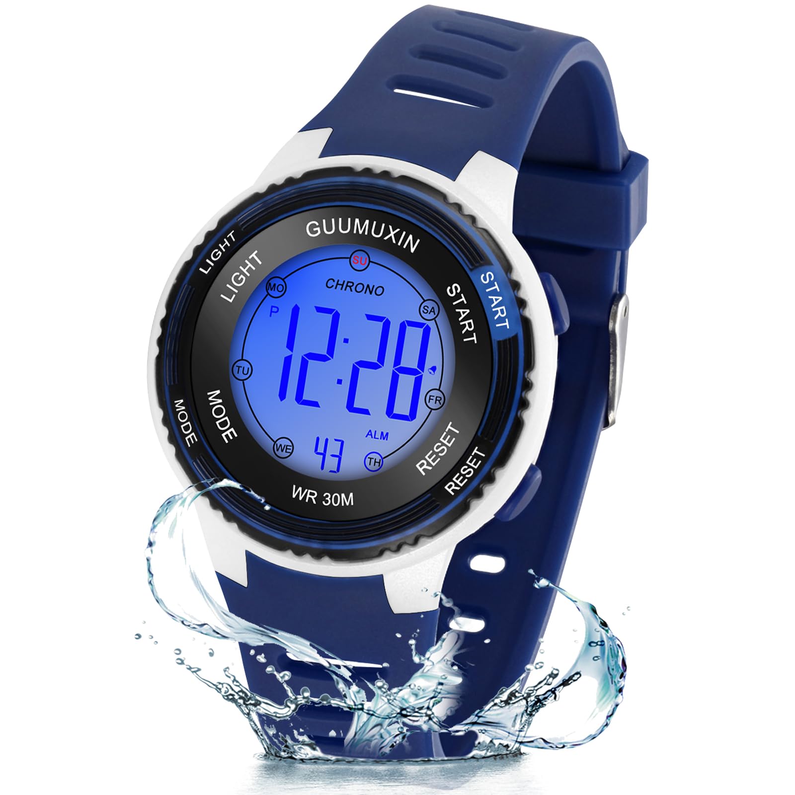 GUUMUXIN Digitale Kinderuhr, Kinder Sportuhr mit 7 Farbigem Indikatorlicht, Acryl-Uhrenscreen, 3 ATM Wasserdicht, Band Armbanduhr für Mädchen Jungen 6-16 Jahre