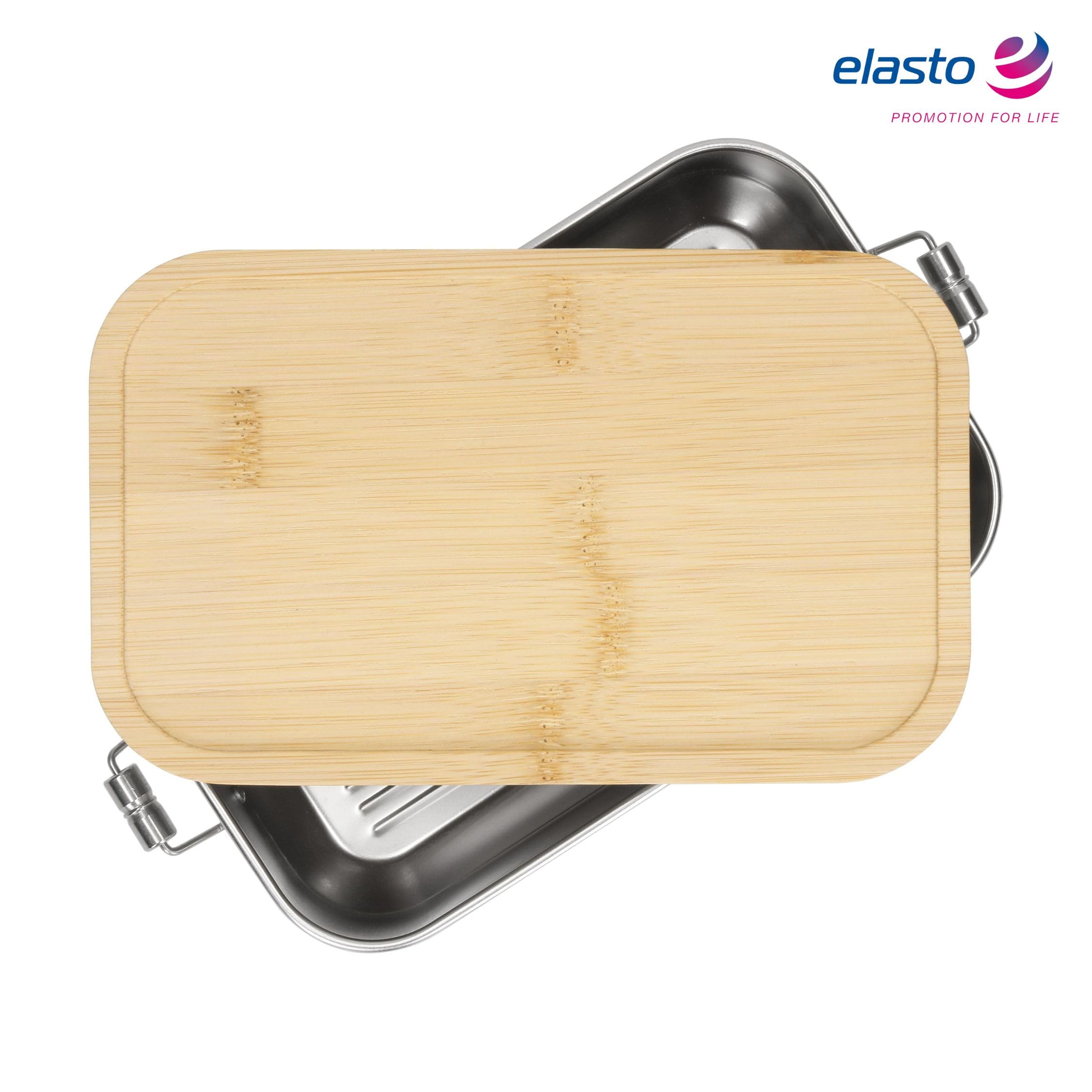 elasto PROMOTION FOR LIFE Sagano - Envase para Alimentos, Contenedor de Alimentos, Tarro de Acero Inoxidable con Tapa de Bambú y Pinza de Sujeción (1,0 L), Color Plateado y Natural