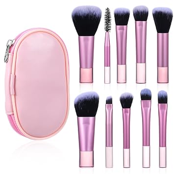 10 Pcs Travel Makeup Brush Set, Mini Portable Cosmetic Brushes with Case for Foundation, Eyeshadow, Highlight, Contour, Blush & Concealer