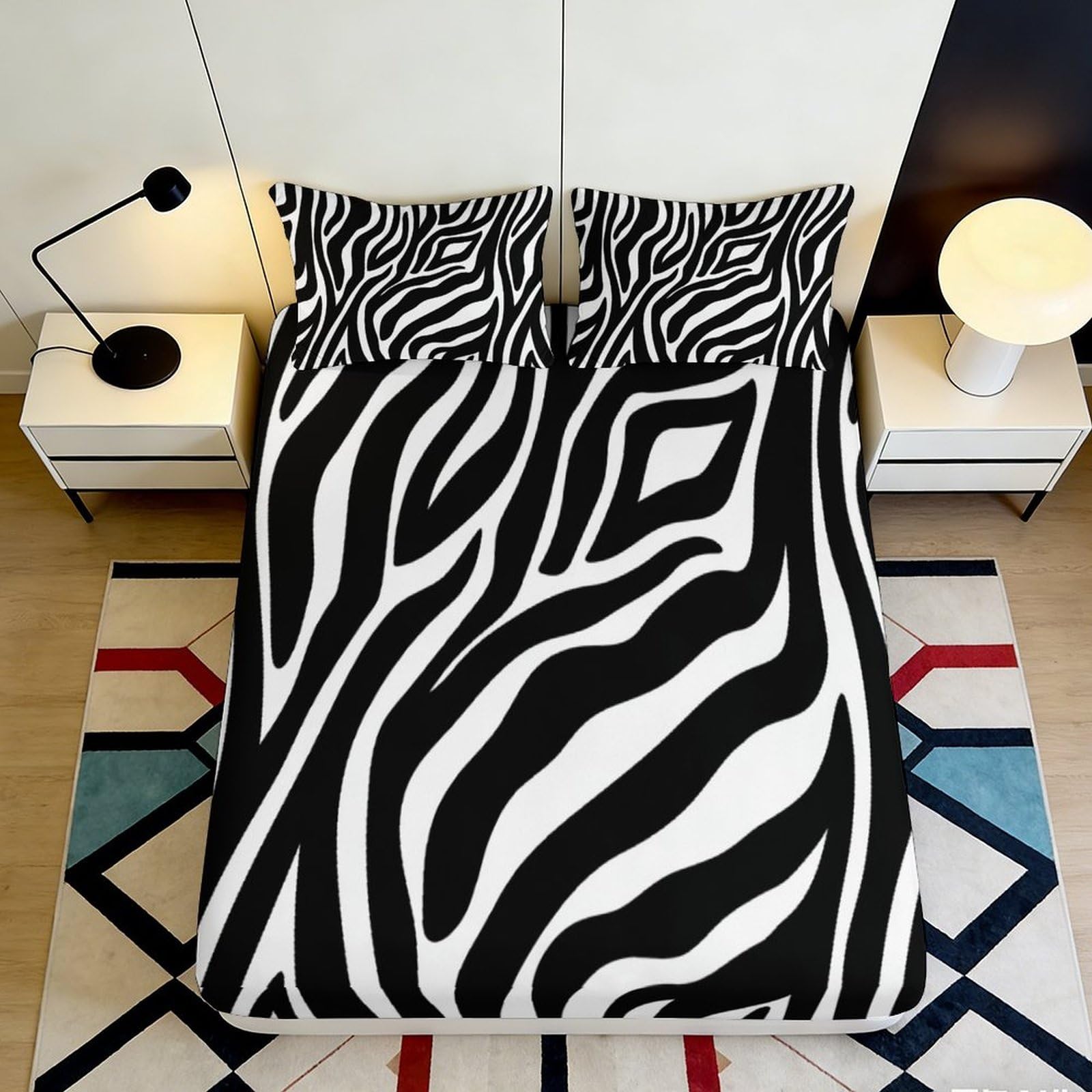 3D Printed Zebra Stripes Fitted Sheet Microfiber Soft Anti-Slip Black White Mattress Cover for Bedroom Decor Dorm Use 160x200x25cm
