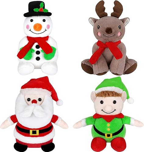 Elcoho Juego de 4 animales de peluche de Navidad de 7 pulgadas, juguetes de peluche para decoración de Navidad, conjunto de muñecos de nieve, Papá