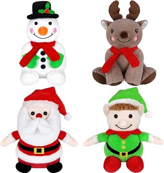Elcoho 4 Pieces 7 inch Christmas Stuffed Animals Set Plush Toys Christmas Decoration Doll Set Santa Claus Snowman Elk Elf Xmas Party Favors
